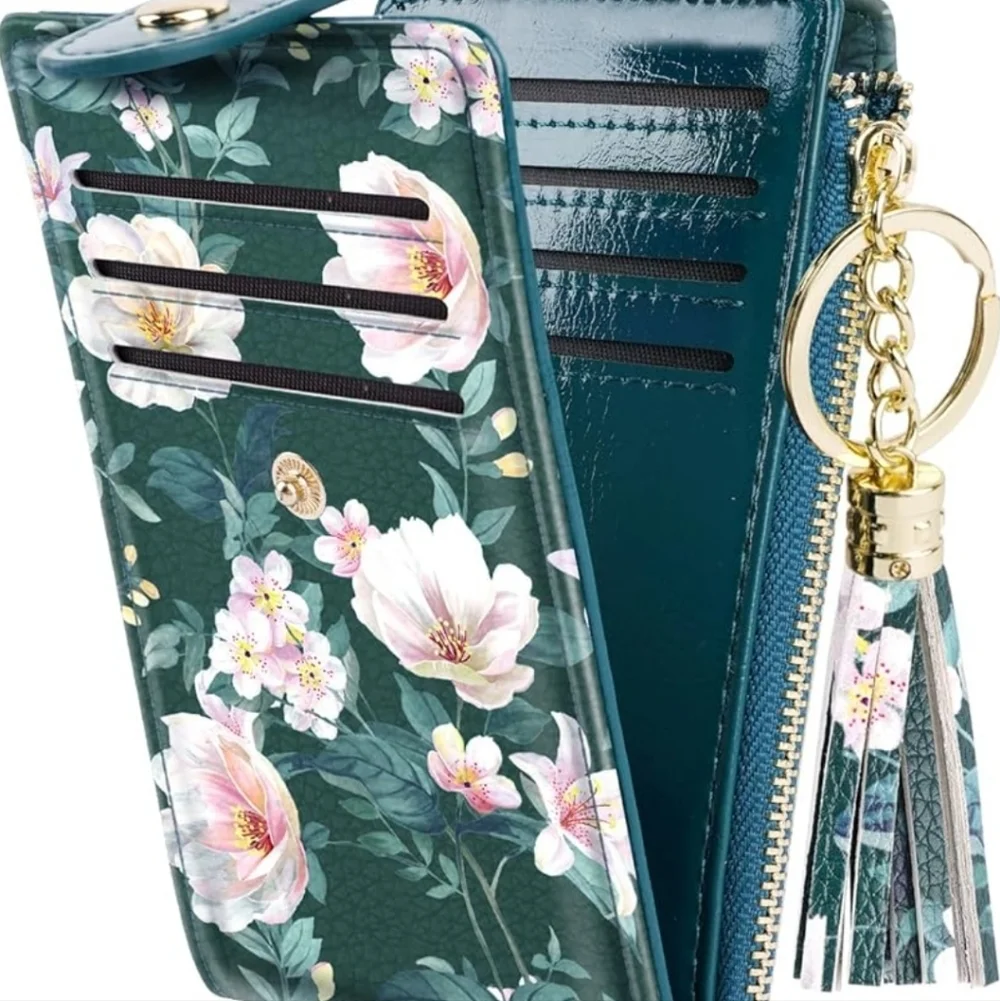 Floral Green Wallet with Tassel Keychain